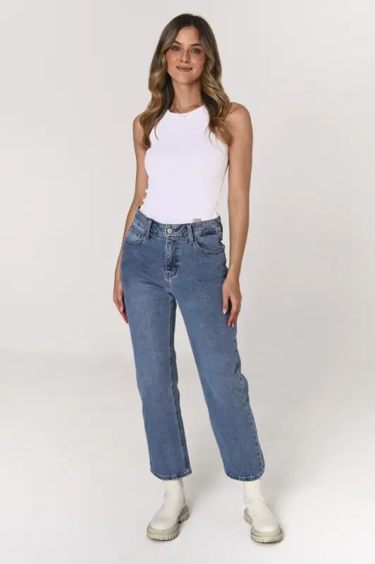 Jeansy SARA straight leg z wysokim stanem – niebieskie
