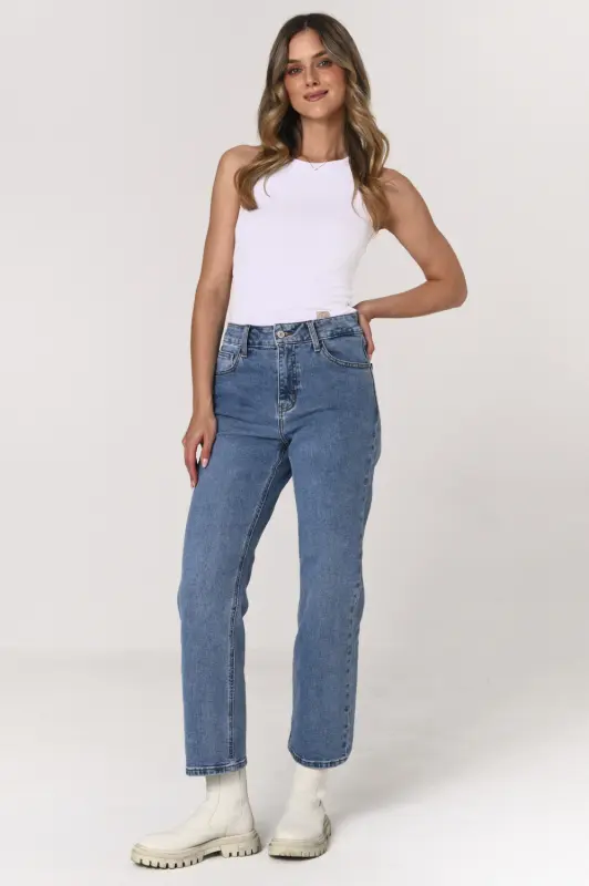 Jeansy SARA straight leg z wysokim stanem – niebieskie
