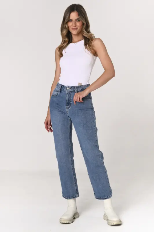 Jeansy SARA straight leg z wysokim stanem – niebieskie